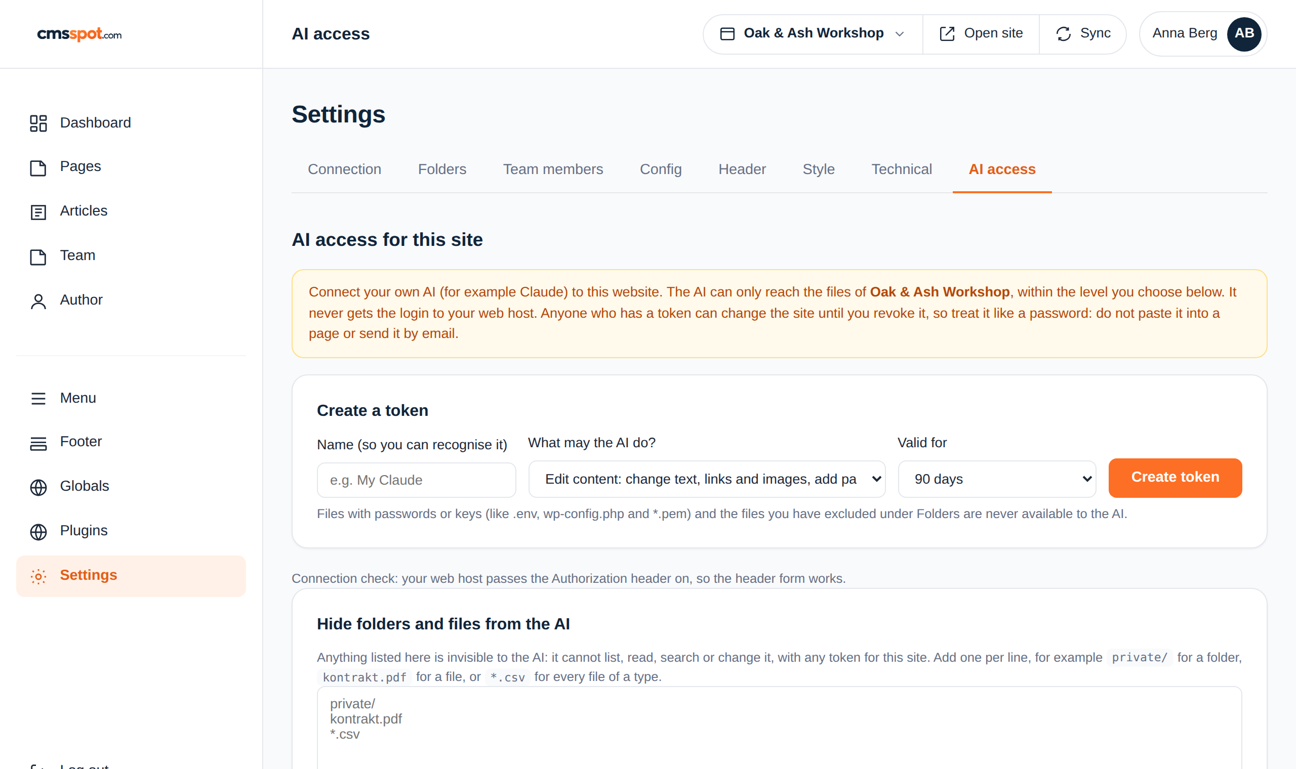The AI access tab in cmsspot where a token is created with a chosen level and expiry