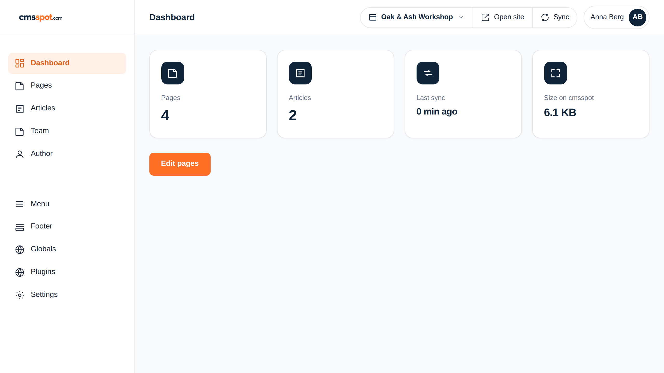 The cmsspot dashboard with page and article counts, last sync and shortcuts