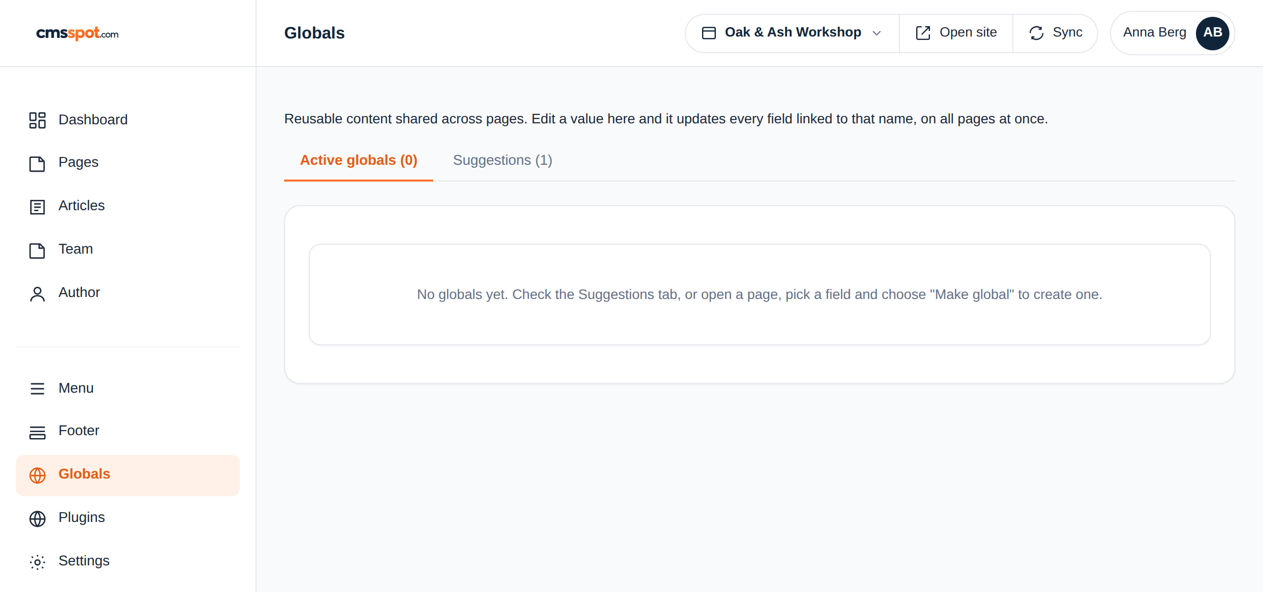 The Globals tab listing shared values such as phone number and address