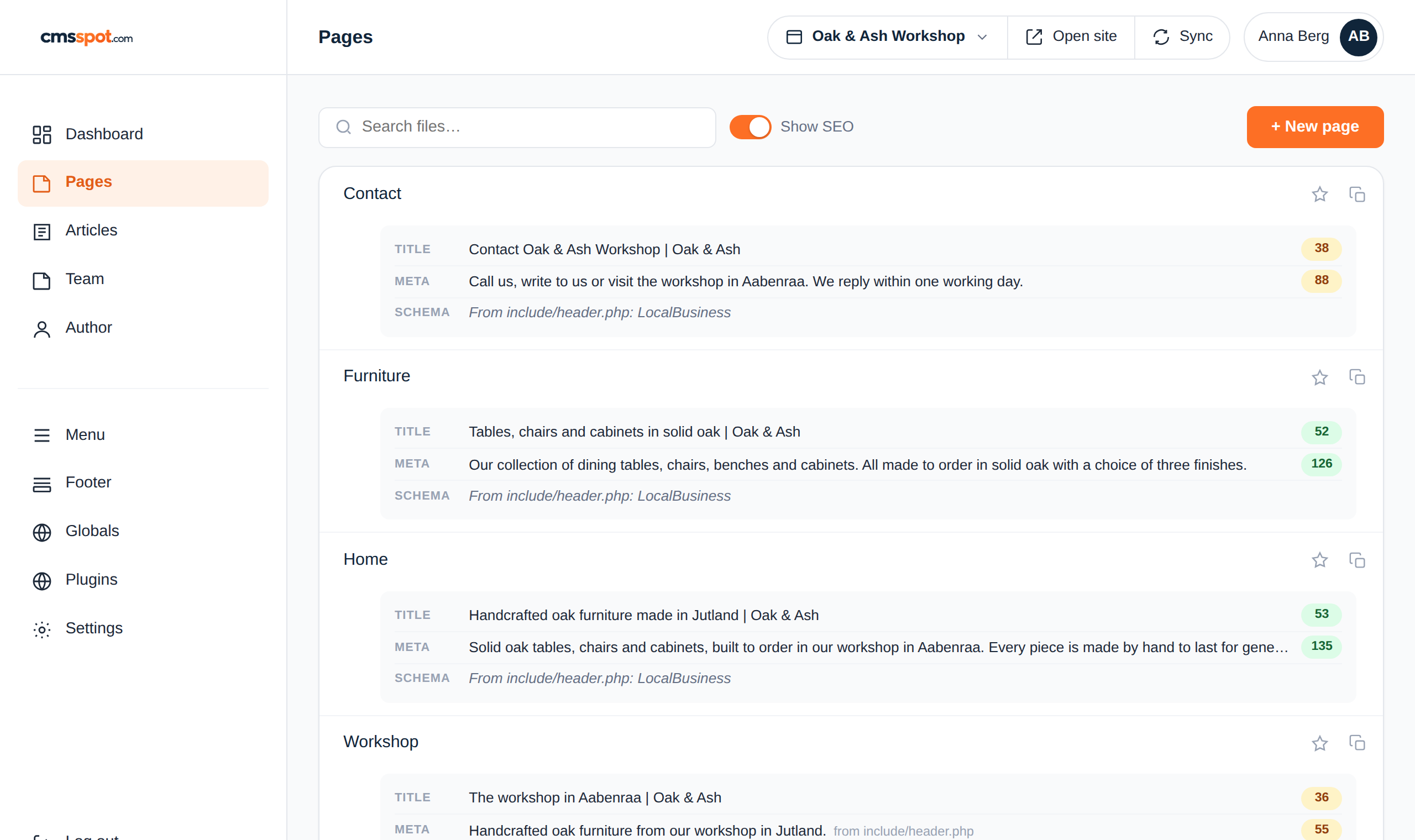 The page list with Show SEO switched on