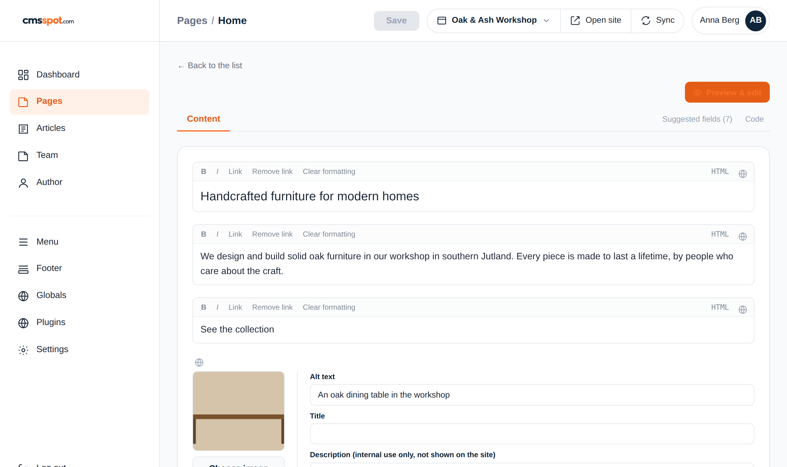 Preview & edit showing the live page with editable areas highlighted