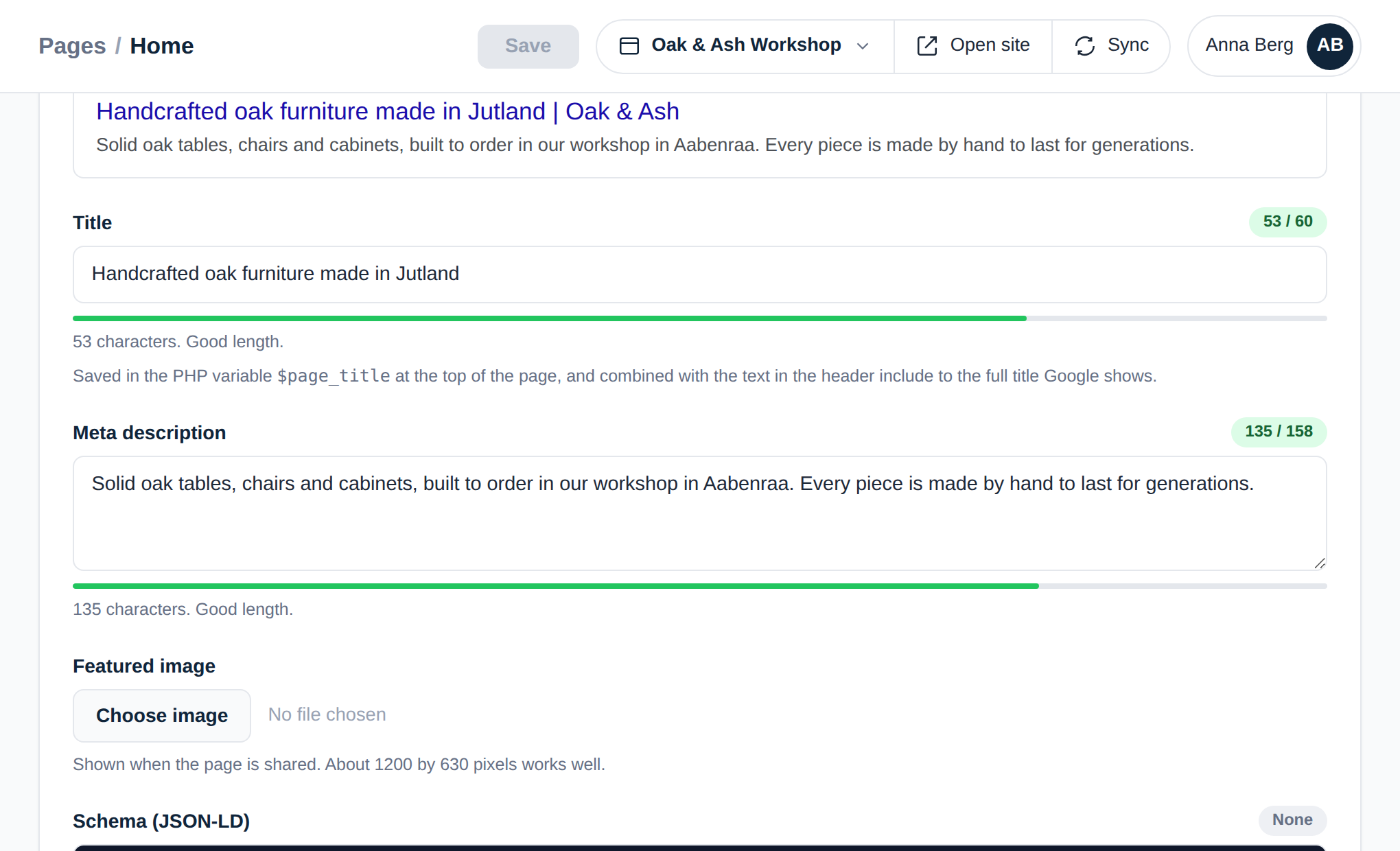 The SEO box in the cmsspot editor with a search result preview, length counters and a schema check